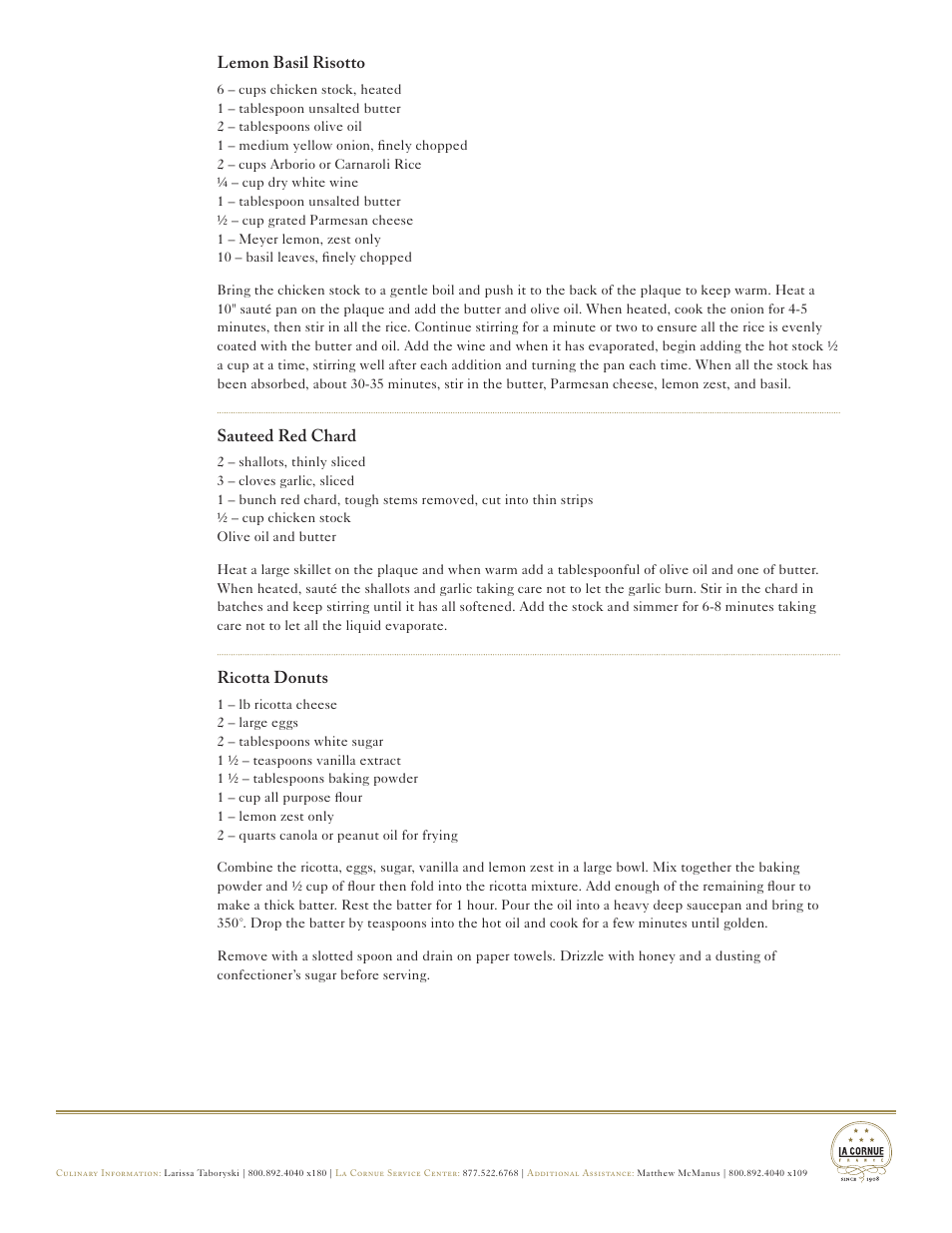 Lemon basil risotto, Sauteed red chard, Ricotta donuts | La Cornue Château Series - Cooking Tips, Recipes & Cleaning User Manual | Page 26 / 36