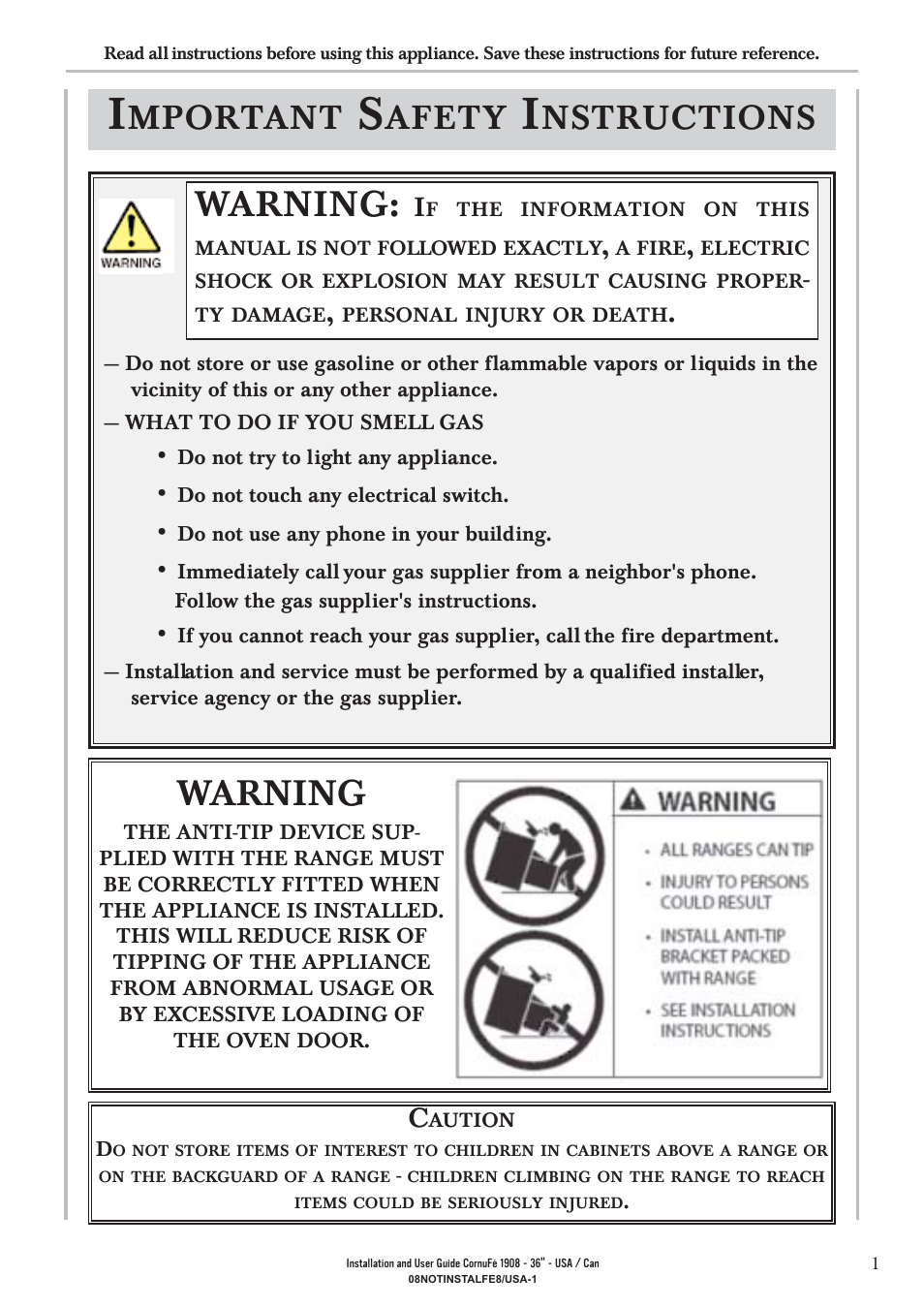 Warning, Mportant, Afety | Nstructions | La Cornue CornuFé 1908 - 36 User Manual | Page 3 / 52