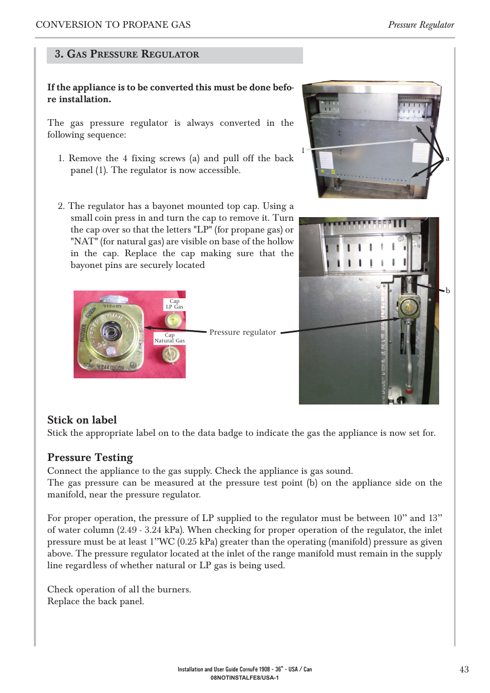 Stick on label, Pressure testing | La Cornue CornuFé 1908 - 36 User Manual | Page 45 / 52