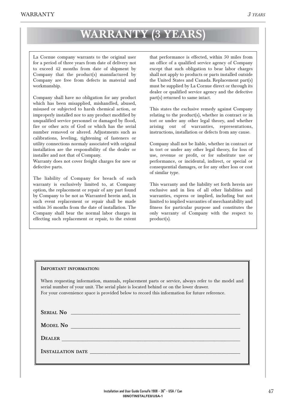 Warranty (3 years) | La Cornue CornuFé 1908 - 36 User Manual | Page 49 / 52