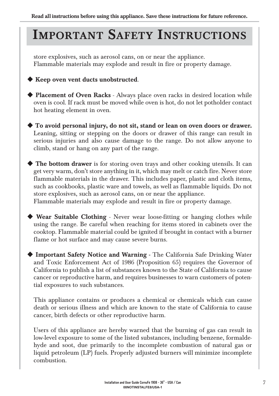 Mportant, Afety, Nstructions | La Cornue CornuFé 1908 - 36 User Manual | Page 9 / 52