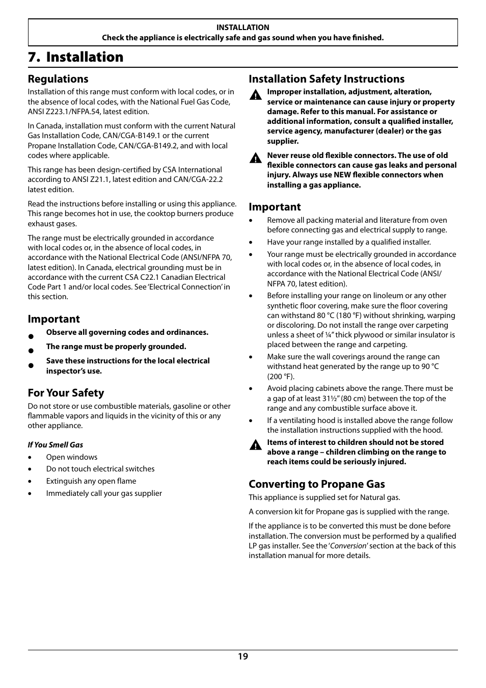 Installation, Regulations, Important | For your safety, Installation safety instructions, Converting to propane gas | La Cornue CornuFé 44 User Manual | Page 21 / 48