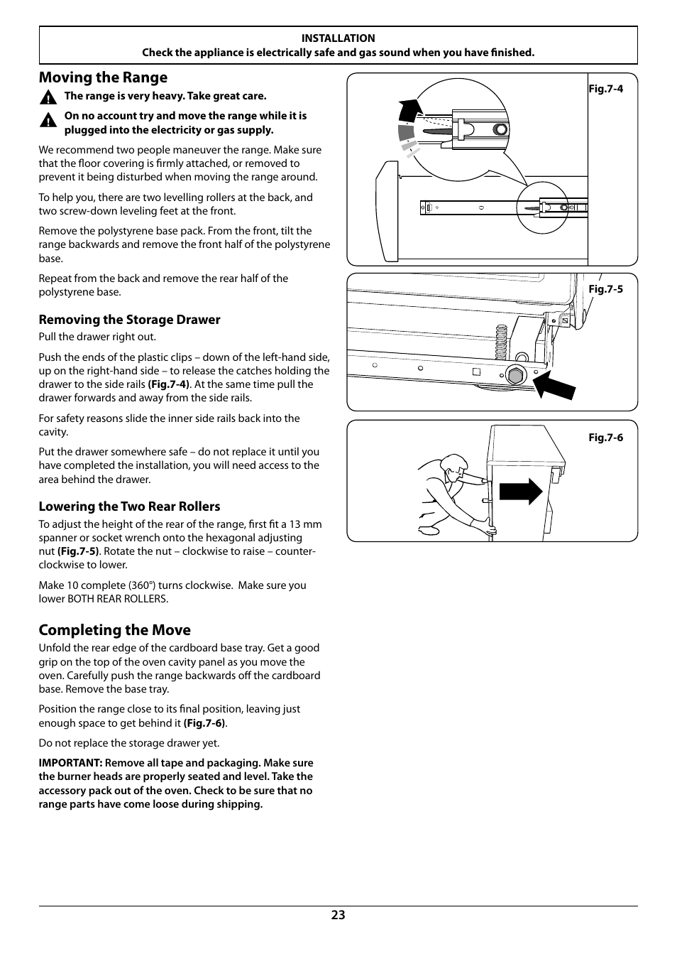 Moving the range, Completing the move | La Cornue CornuFé 44 User Manual | Page 25 / 48