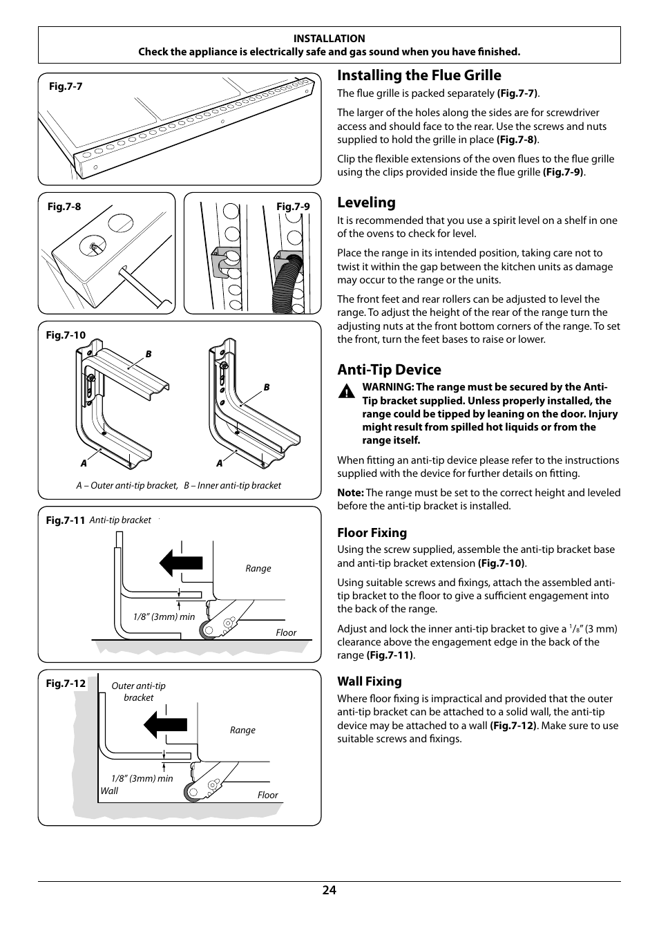 Installing the flue grille, Leveling, Anti-tip device | Floor fixing, Wall fixing | La Cornue CornuFé 44 User Manual | Page 26 / 48