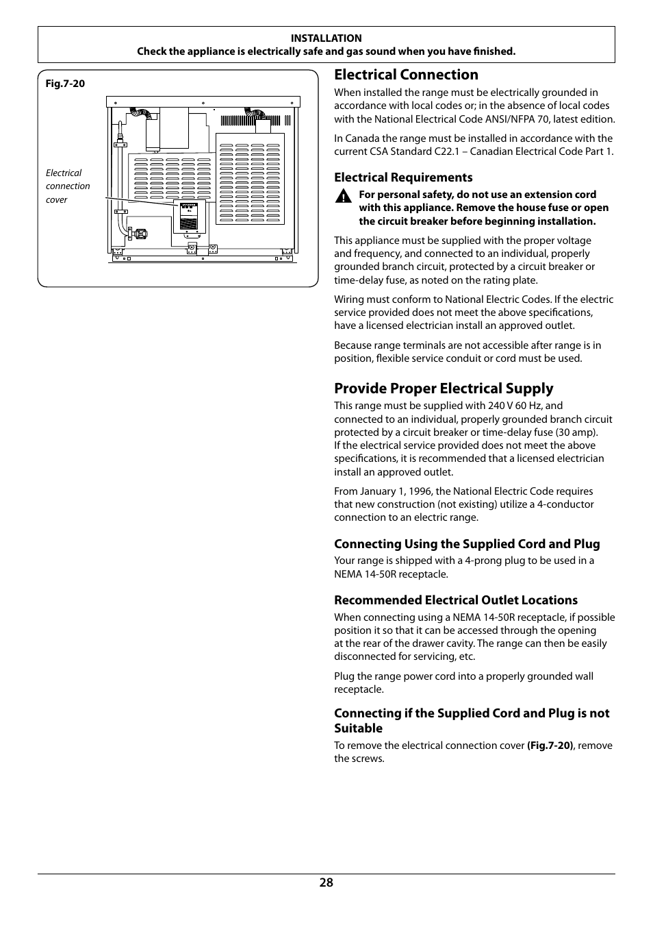 Electrical connection, Provide proper electrical supply | La Cornue CornuFé 44 User Manual | Page 30 / 48