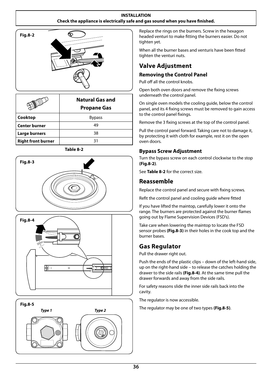 Valve adjustment, Reassemble, Gas regulator | La Cornue CornuFé 44 User Manual | Page 38 / 48