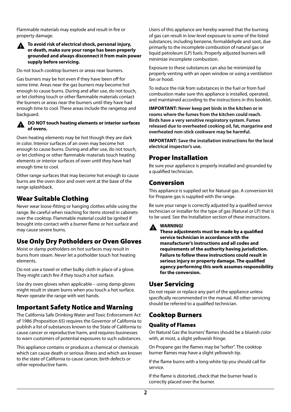 Wear suitable clothing, Use only dry potholders or oven gloves, Important safety notice and warning | Proper installation, Conversion, User servicing, Cooktop burners | La Cornue CornuFé 44 User Manual | Page 4 / 48