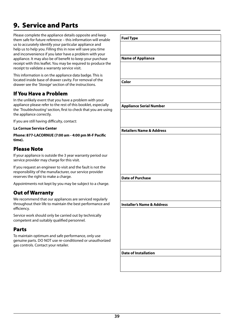 Service and parts, If you have a problem, Out of warranty | Parts | La Cornue CornuFé 44 User Manual | Page 41 / 48