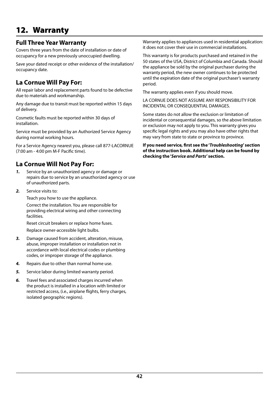Warranty, Full three year warranty, La cornue will pay for | La cornue will not pay for | La Cornue CornuFé 44 User Manual | Page 44 / 48