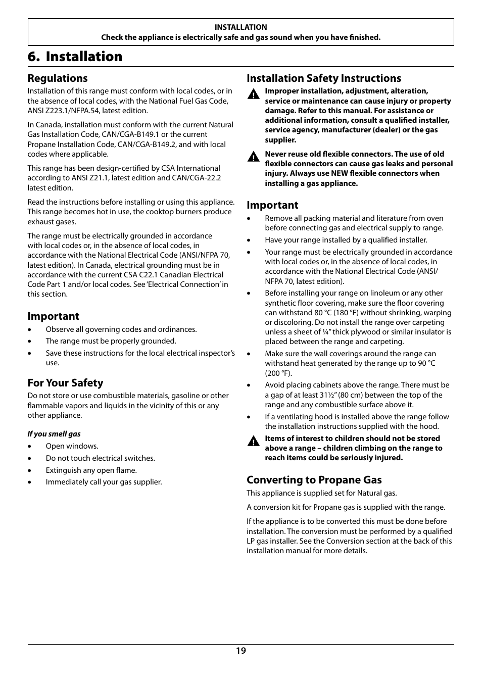 Installation, Regulations, Important | For your safety, Installation safety instructions, Converting to propane gas | La Cornue AlberTine 36 User Manual | Page 21 / 44
