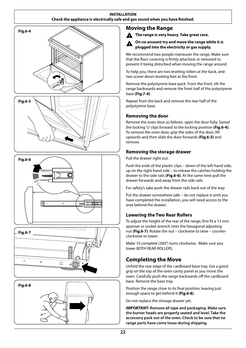 Moving the range, Completing the move | La Cornue AlberTine 36 User Manual | Page 24 / 44