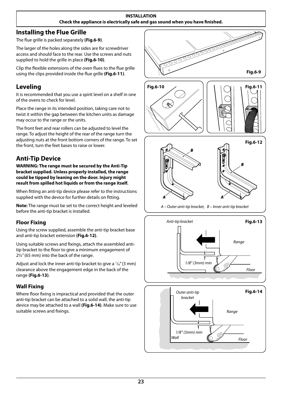 Installing the flue grille, Leveling, Anti-tip device | Floor fixing, Wall fixing | La Cornue AlberTine 36 User Manual | Page 25 / 44