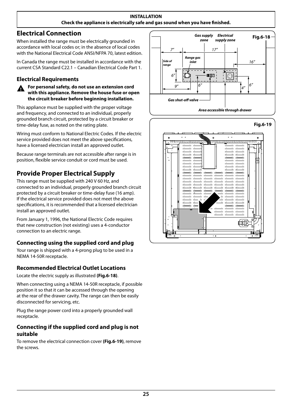 Electrical connection, Provide proper electrical supply | La Cornue AlberTine 36 User Manual | Page 27 / 44