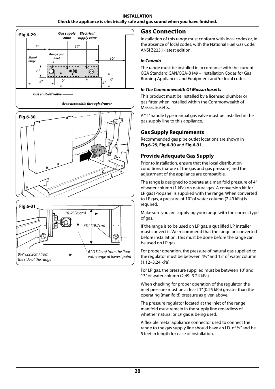 Gas connection, Gas supply requirements, Provide adequate gas supply | La Cornue AlberTine 36 User Manual | Page 30 / 44