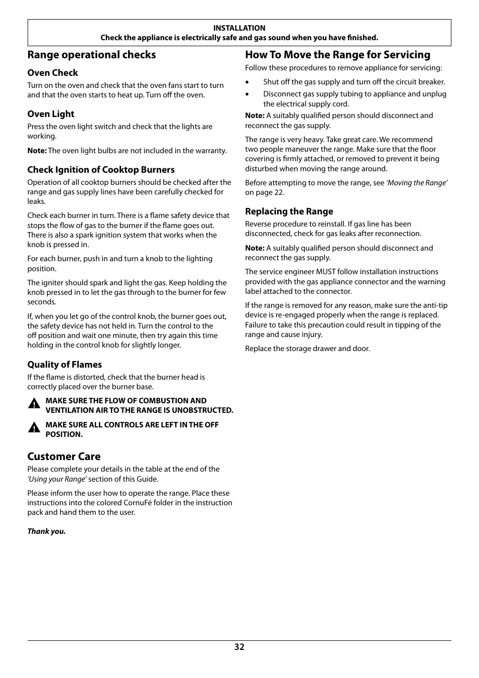 Range operational checks, Customer care, How to move the range for servicing | La Cornue AlberTine 36 User Manual | Page 34 / 44