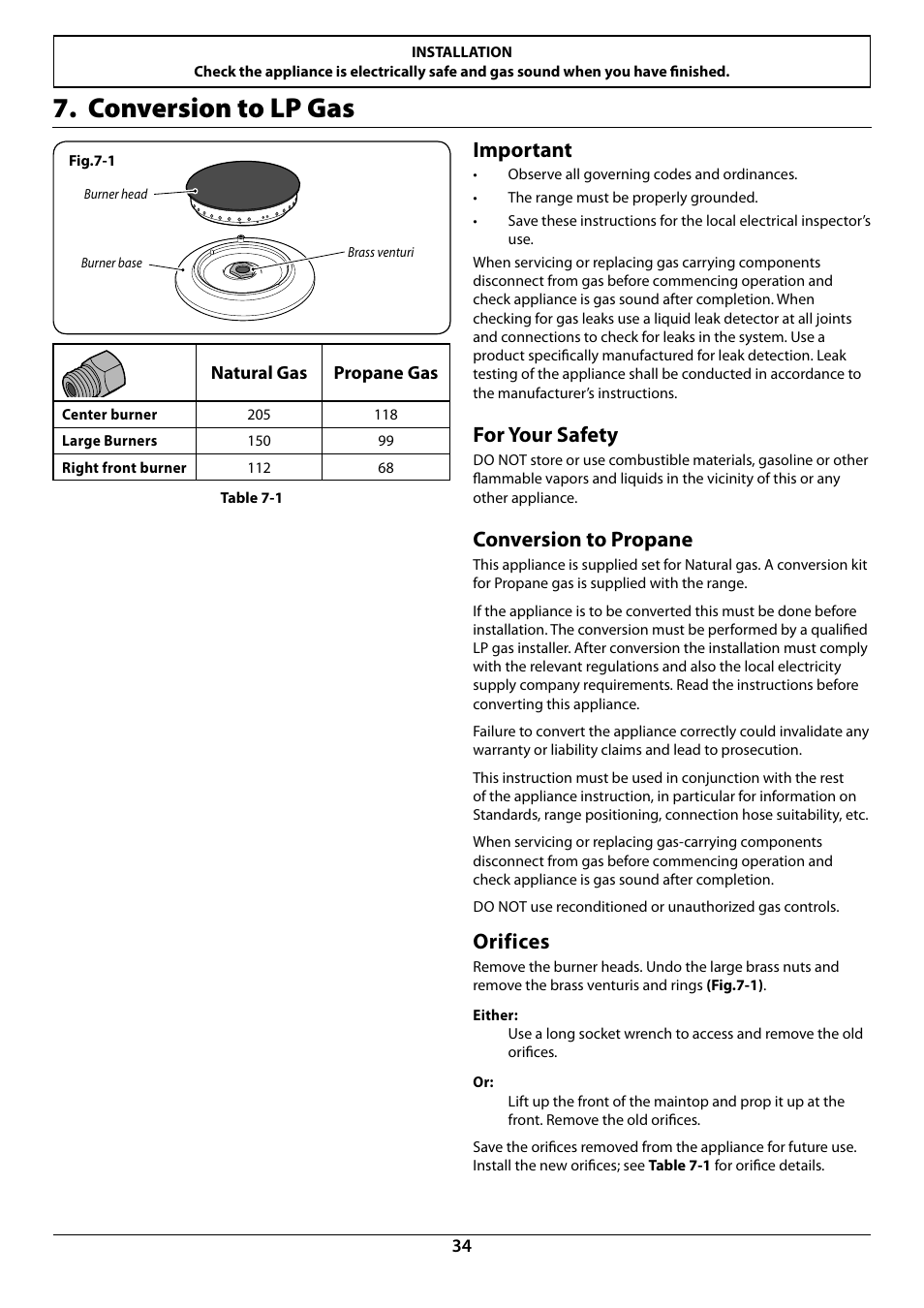 Conversion to lp gas, Important, For your safety | Conversion to propane, Orifices | La Cornue AlberTine 36 User Manual | Page 36 / 44