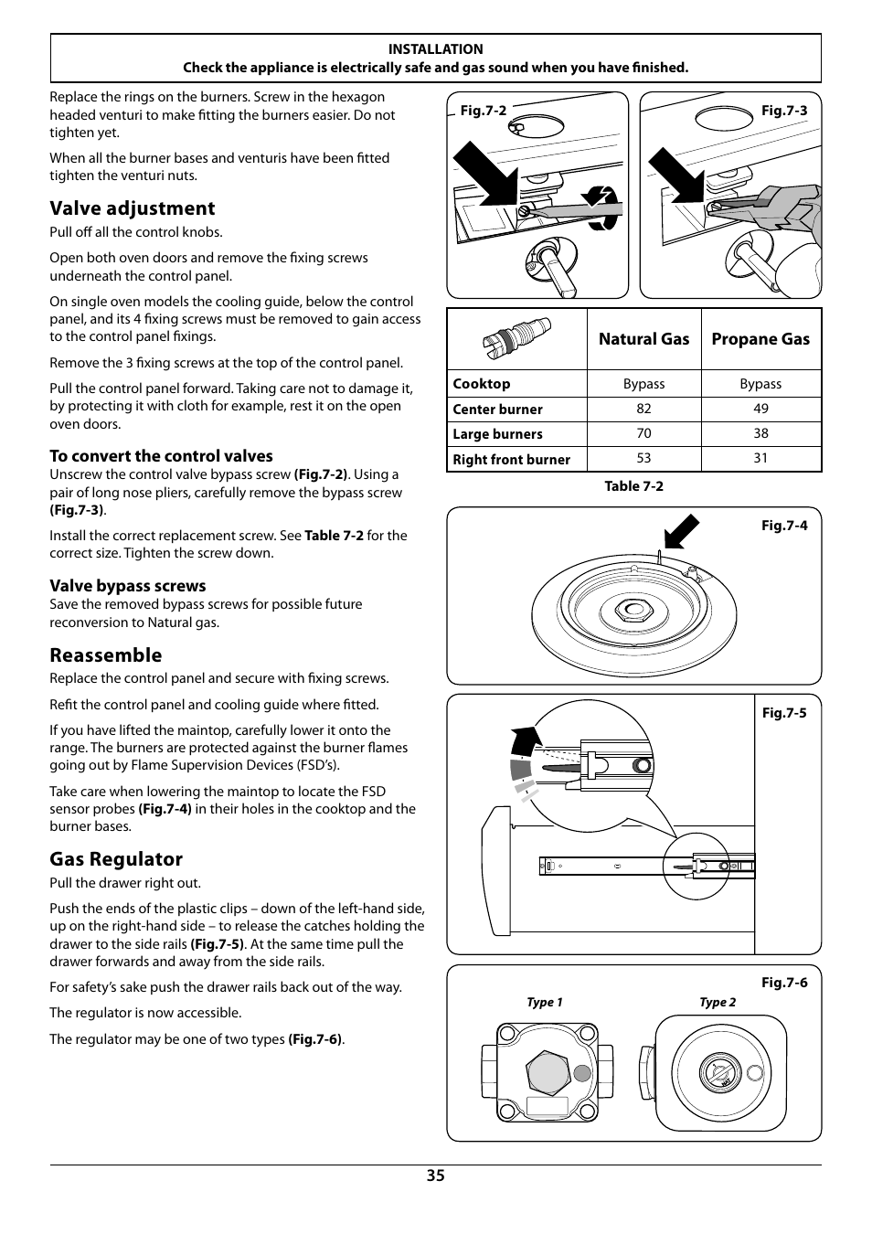 Valve adjustment, Reassemble, Gas regulator | La Cornue AlberTine 36 User Manual | Page 37 / 44
