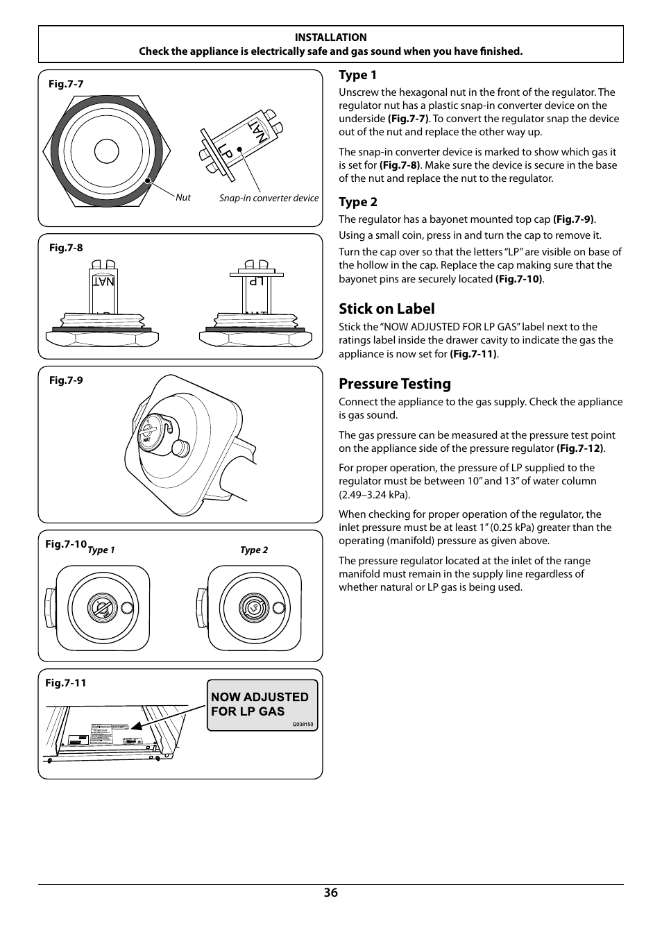 Stick on label, Pressure testing | La Cornue AlberTine 36 User Manual | Page 38 / 44