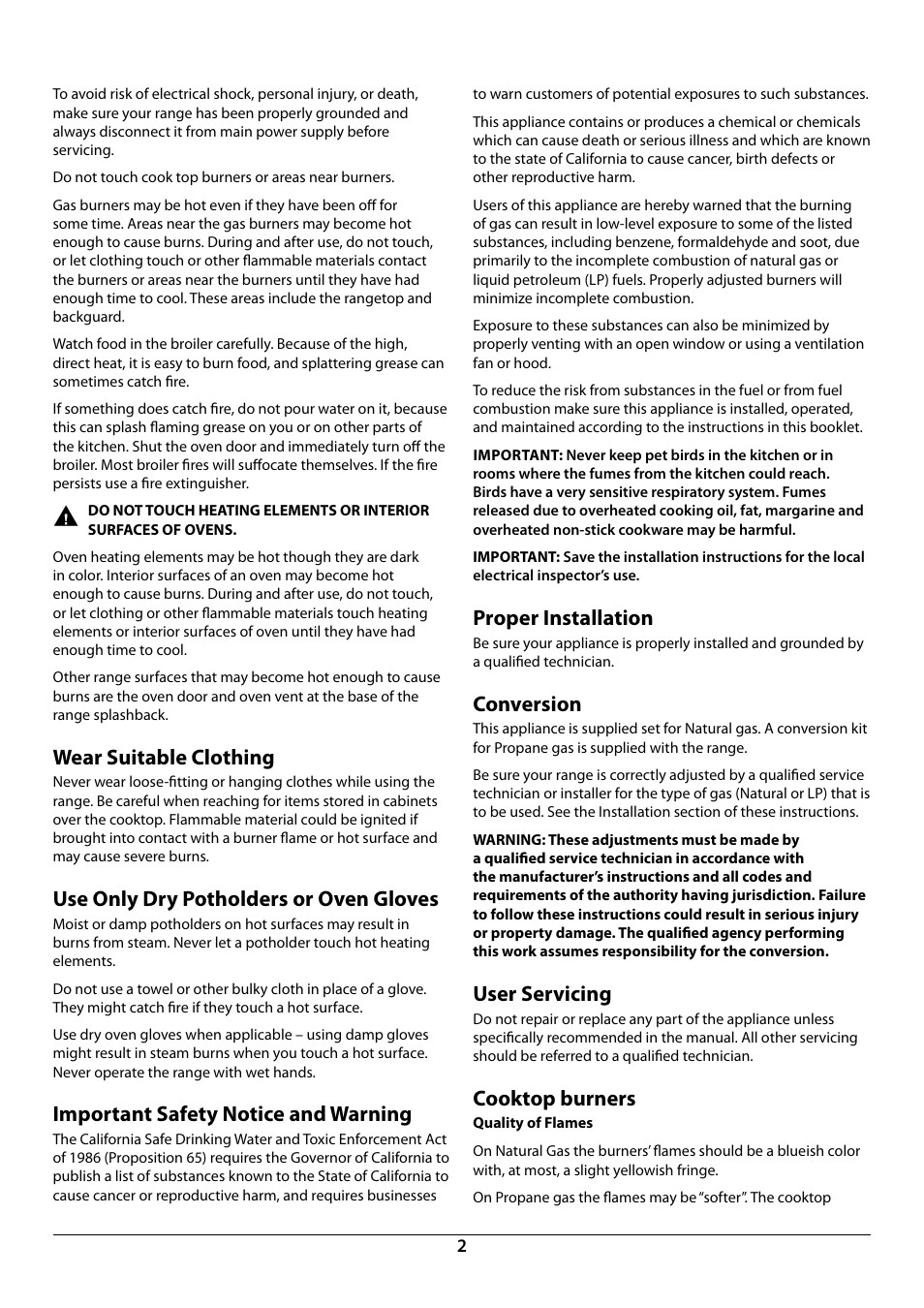 Wear suitable clothing, Use only dry potholders or oven gloves, Important safety notice and warning | Proper installation, Conversion, User servicing, Cooktop burners | La Cornue AlberTine 36 User Manual | Page 4 / 44