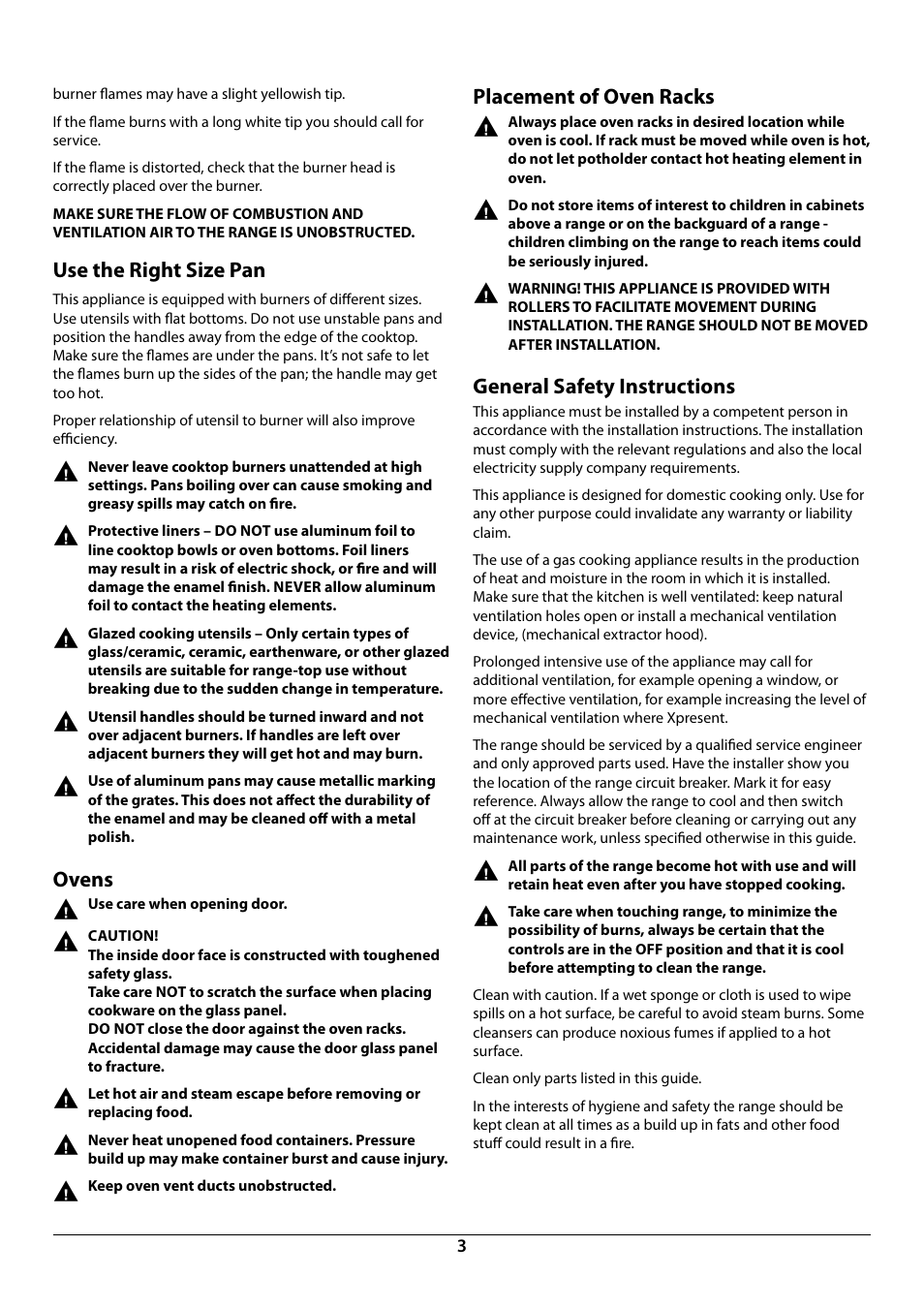 Use the right size pan, Ovens, Placement of oven racks | General safety instructions | La Cornue AlberTine 36 User Manual | Page 5 / 44