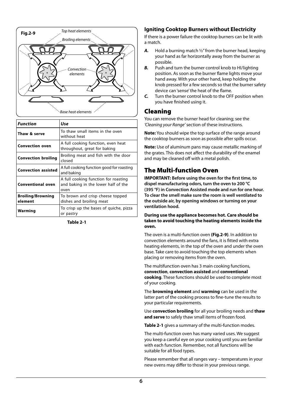 Cleaning, The multi-function oven, Igniting cooktop burners without electricity | La Cornue AlberTine 36 User Manual | Page 8 / 44