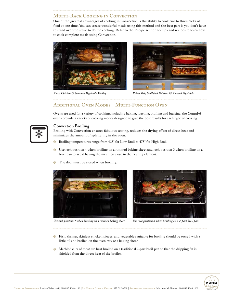 Additional oven modes – multi-function oven, Multi-rack cooking in convection, Convection broiling | La Cornue CornuFé Series - Cooking Tips, Recipes & Cleaning User Manual | Page 6 / 27