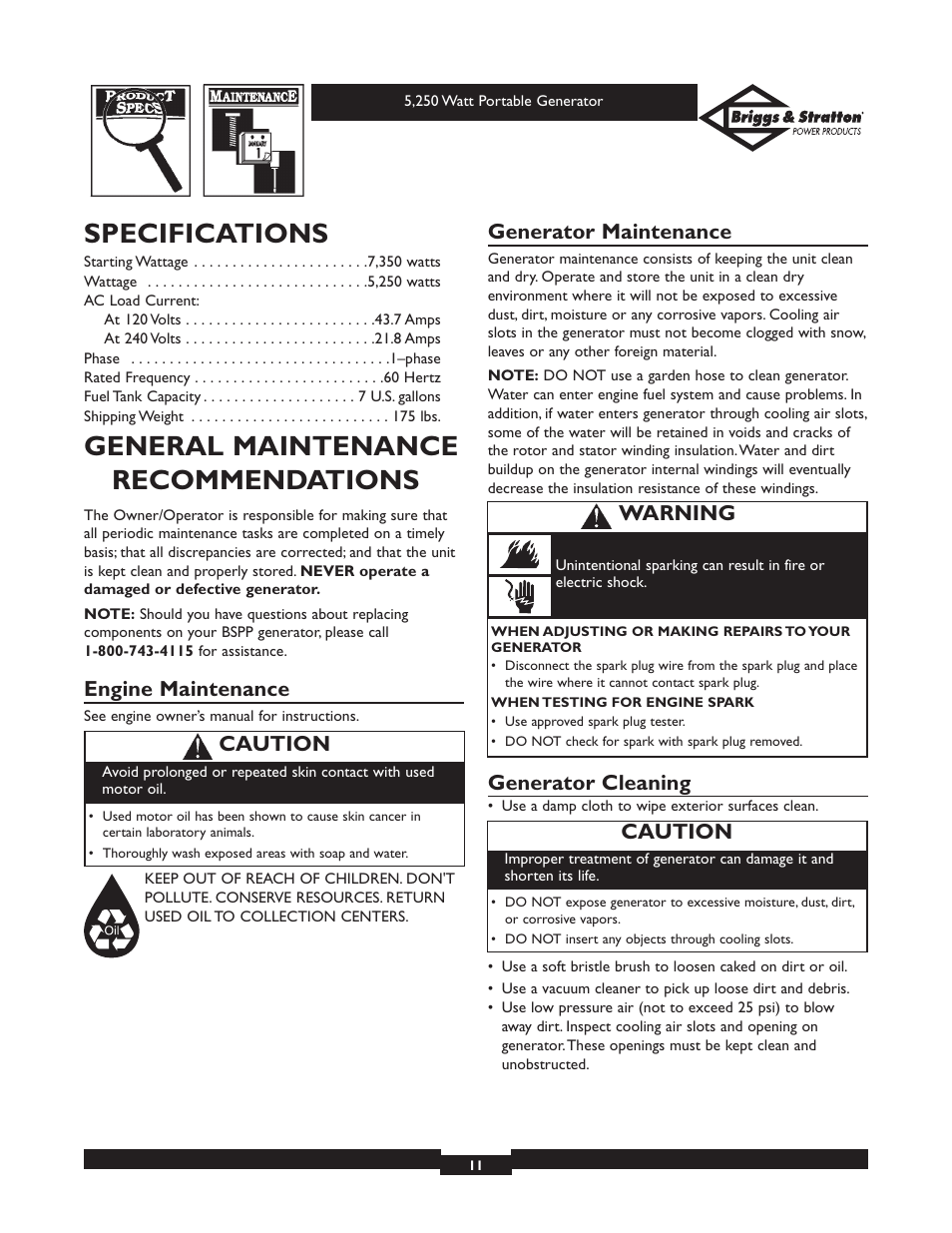 Specifications, General maintenance recommendations, Engine maintenance | Generator maintenance, Generator cleaning, Caution, Warning | Briggs & Stratton 30204 User Manual | Page 11 / 28