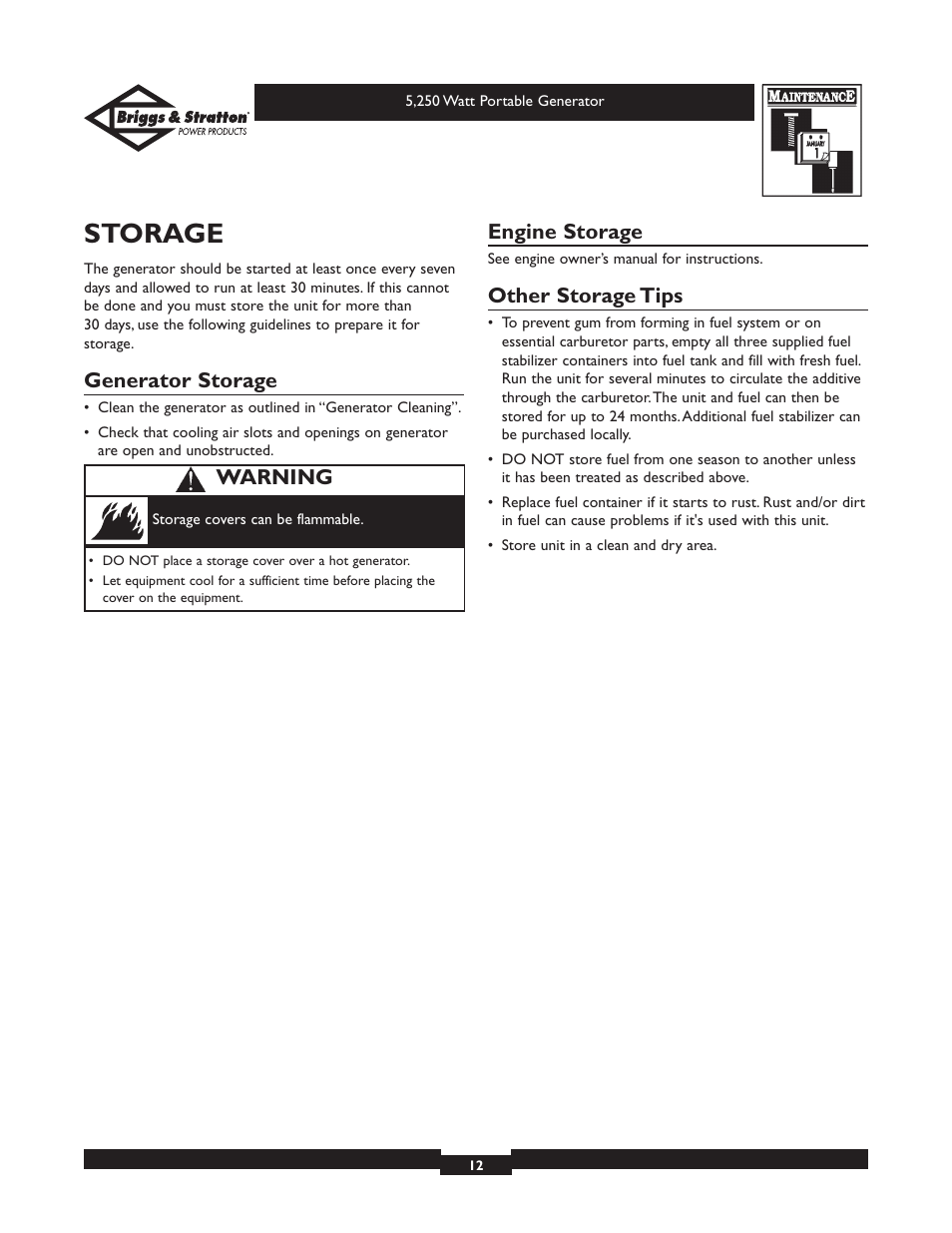 Storage, Generator storage, Engine storage | Other storage tips, Warning | Briggs & Stratton 30204 User Manual | Page 12 / 28