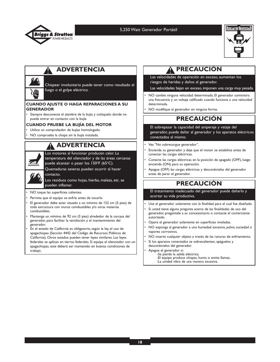 Precaución, Advertencia | Briggs & Stratton 30204 User Manual | Page 18 / 28
