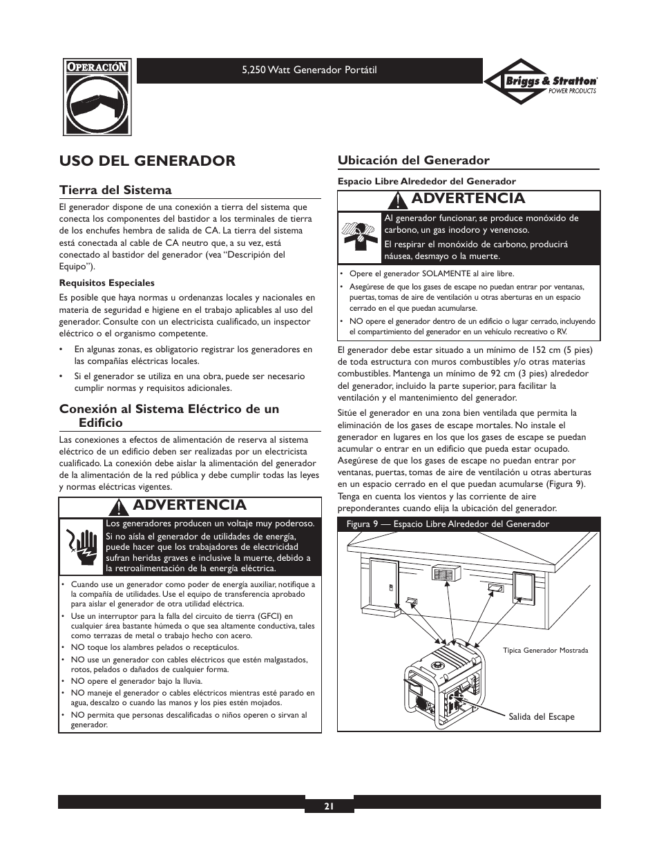Uso del generador, Advertencia, Tierra del sistema | Conexión al sistema eléctrico de un edificio, Ubicación del generador | Briggs & Stratton 30204 User Manual | Page 21 / 28