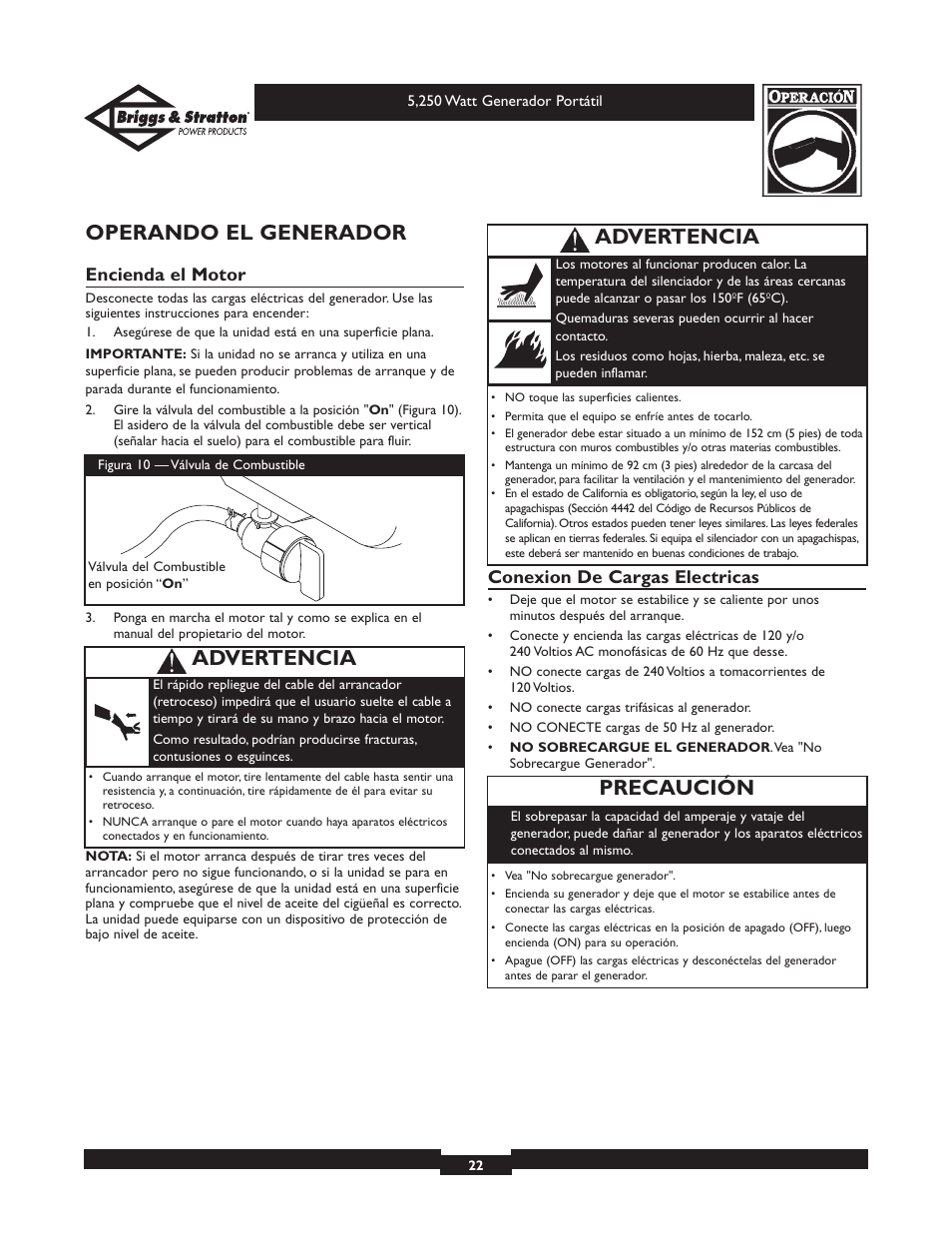 Operando el generador, Advertencia, Precaución | Encienda el motor, Conexion de cargas electricas | Briggs & Stratton 30204 User Manual | Page 22 / 28