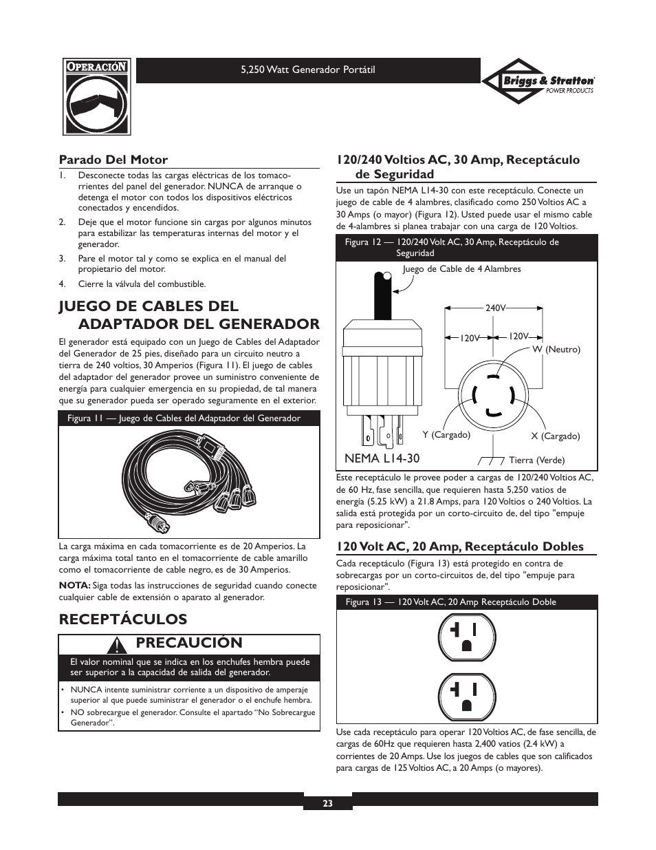 Juego de cables del adaptador del generador, Receptáculos, Precaución | Briggs & Stratton 30204 User Manual | Page 23 / 28