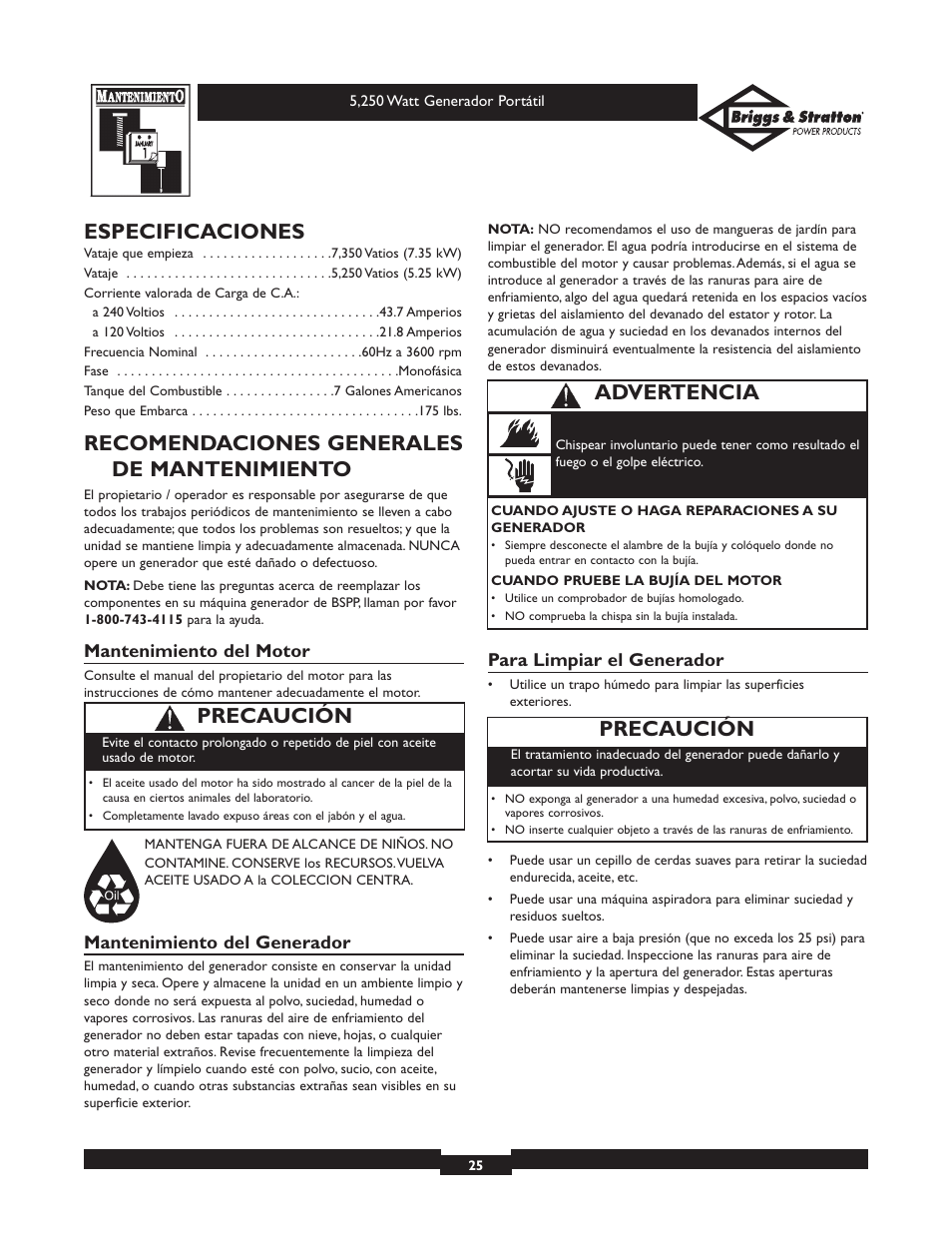 Especificaciones, Recomendaciones generales de mantenimiento, Precaución | Advertencia | Briggs & Stratton 30204 User Manual | Page 25 / 28