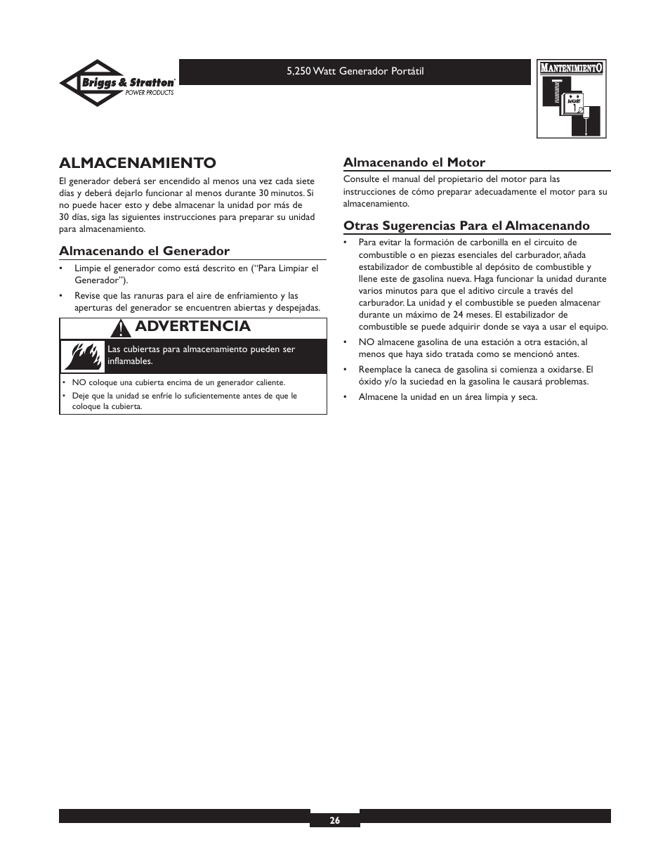 Almacenamiento, Advertencia | Briggs & Stratton 30204 User Manual | Page 26 / 28