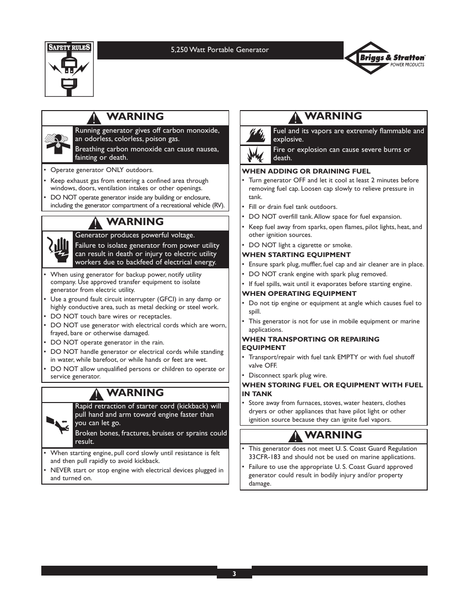 Warning | Briggs & Stratton 30204 User Manual | Page 3 / 28