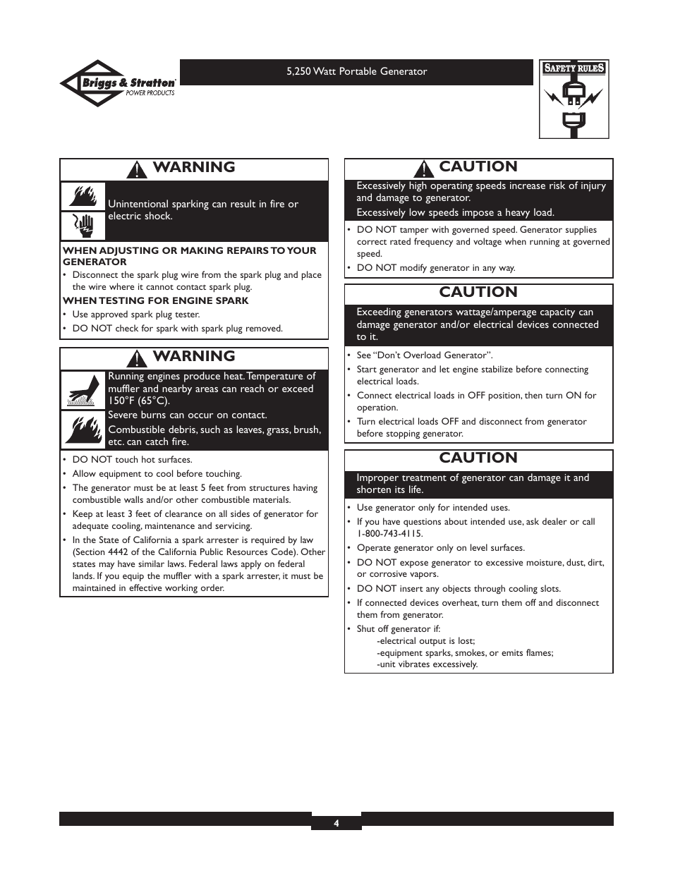 Caution, Warning | Briggs & Stratton 30204 User Manual | Page 4 / 28