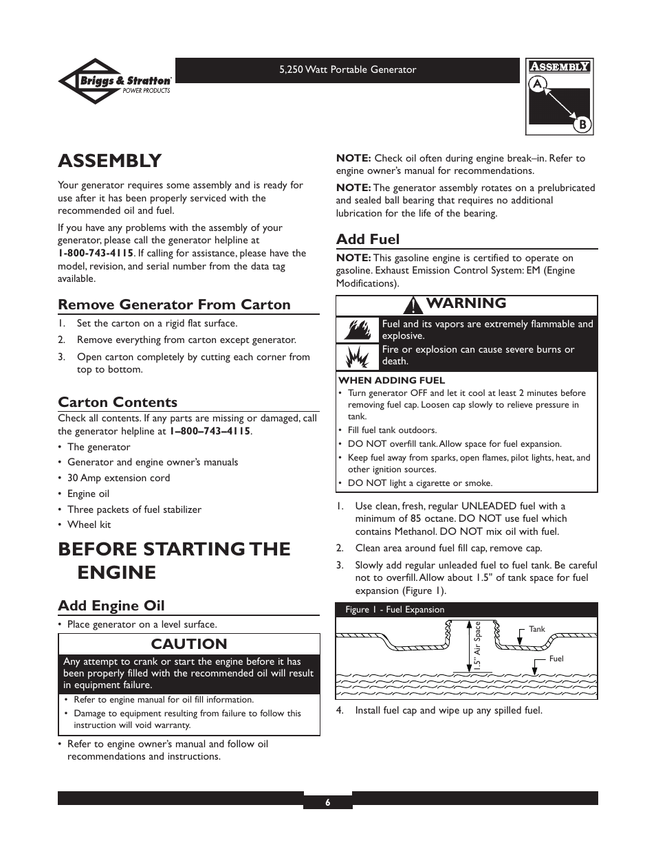 Assembly, Before starting the engine, Remove generator from carton | Carton contents, Add engine oil, Add fuel, Caution, Warning | Briggs & Stratton 30204 User Manual | Page 6 / 28