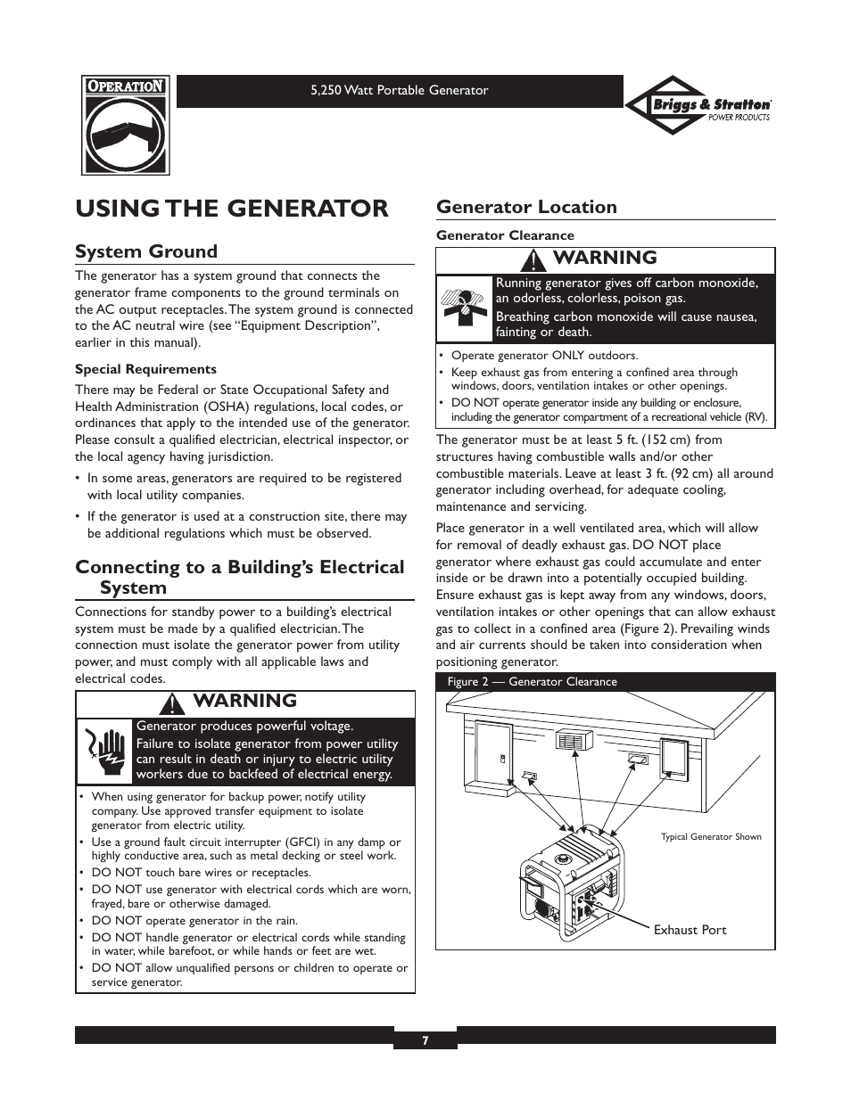 Using the generator, System ground, Connecting to a building’s electrical system | Generator location, Warning | Briggs & Stratton 30204 User Manual | Page 7 / 28