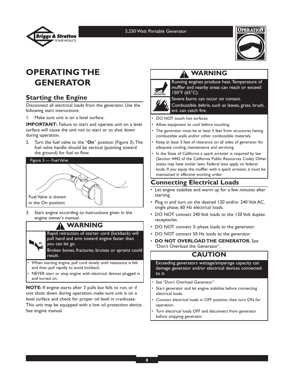 Operating the generator, Starting the engine, Connecting electrical loads | Caution, Warning | Briggs & Stratton 30204 User Manual | Page 8 / 28