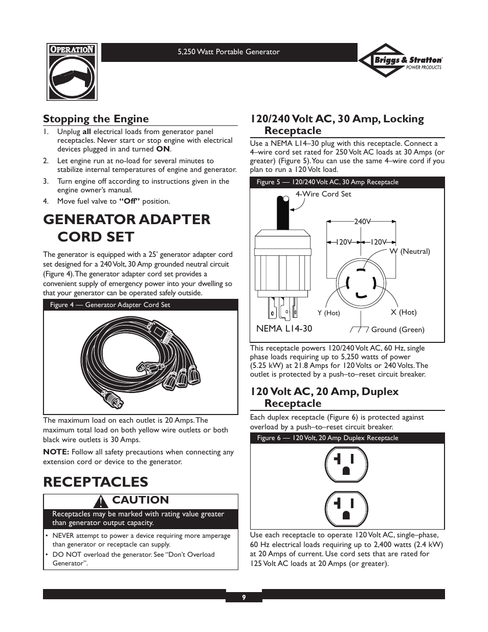 Generator adapter cord set, Receptacles, Stopping the engine | Caution | Briggs & Stratton 30204 User Manual | Page 9 / 28