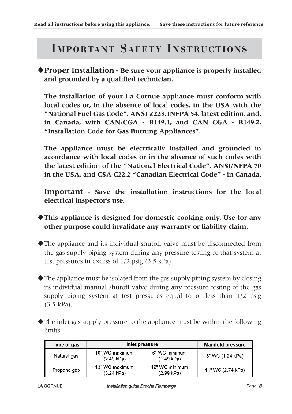 Proper installation, Important | La Cornue Rotisserie Centenaire User Manual | Page 4 / 26