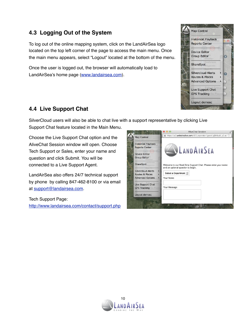 3 logging out of the system, 4! live support chat | LandAirSea SilverCloud Overdrive Live GPS Tracker User Manual | Page 10 / 23