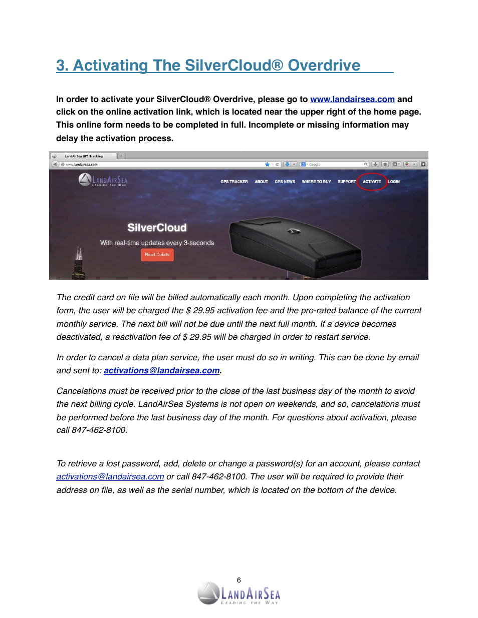 Activating the silvercloud® overdrive | LandAirSea SilverCloud Overdrive Live GPS Tracker User Manual | Page 6 / 23