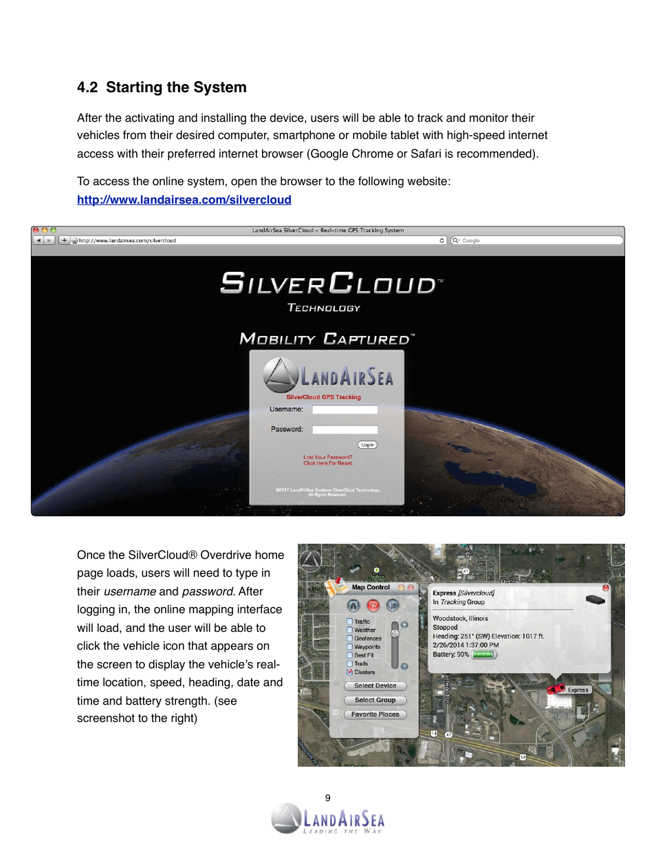 2! starting the system | LandAirSea SilverCloud Overdrive Live GPS Tracker User Manual | Page 9 / 23