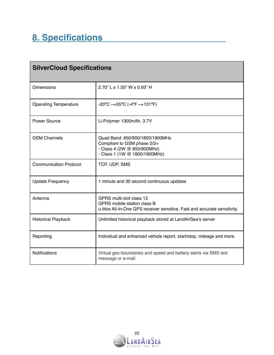 Specifications | LandAirSea SilverCloud Tag Live GPS Tracker User Manual | Page 22 / 22