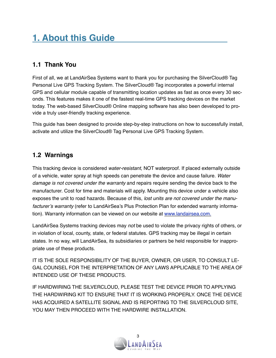 About this guide | LandAirSea SilverCloud Tag Live GPS Tracker User Manual | Page 3 / 22
