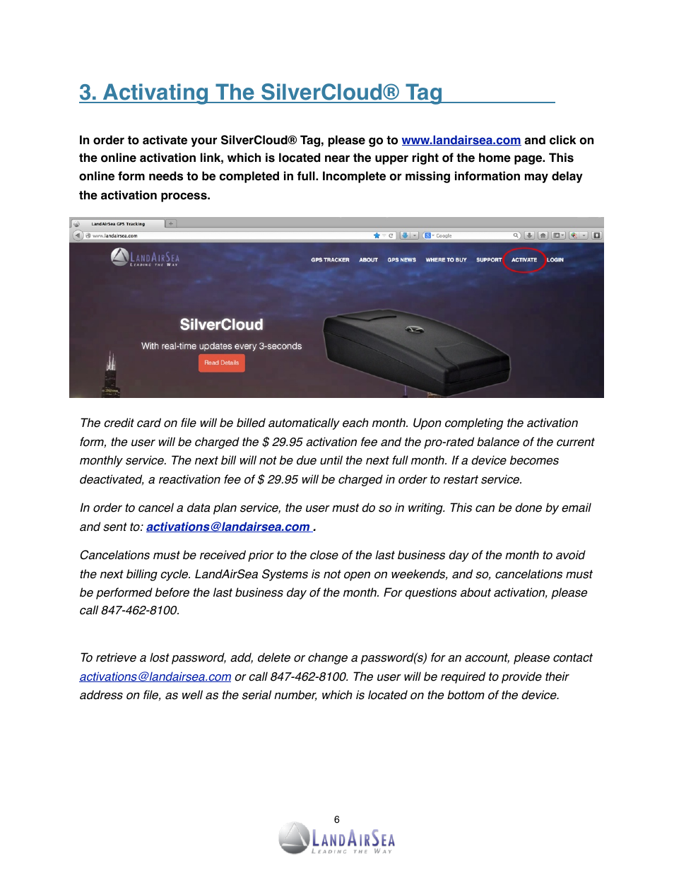 Activating the silvercloud® tag | LandAirSea SilverCloud Tag Live GPS Tracker User Manual | Page 6 / 22