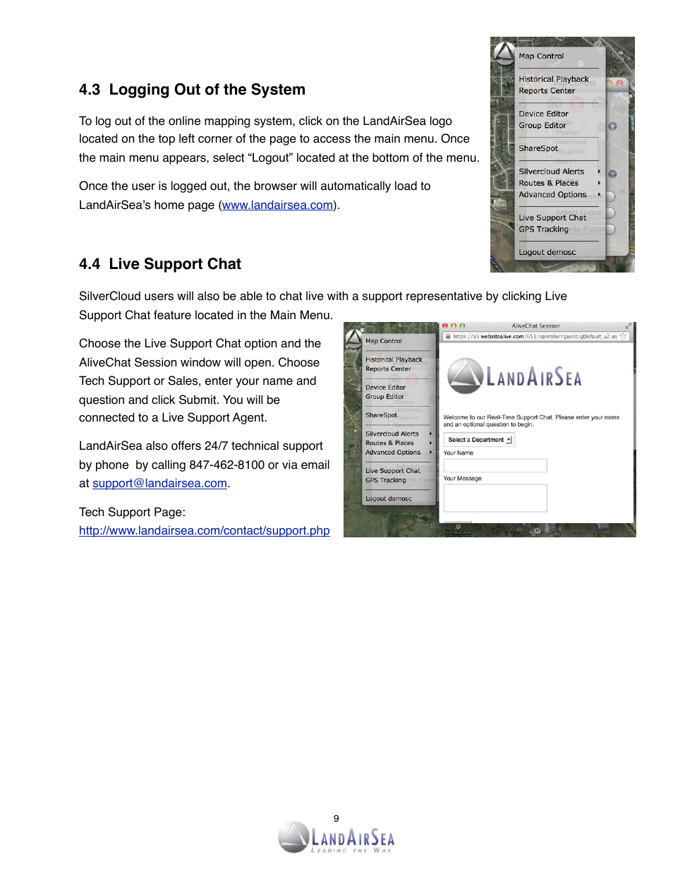 3 logging out of the system, 4! live support chat | LandAirSea SilverCloud Tag Live GPS Tracker User Manual | Page 9 / 22