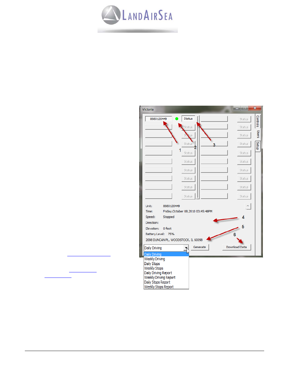 Victoria software review, Users tab | LandAirSea Victoria GPS Tracking System User Manual | Page 13 / 17