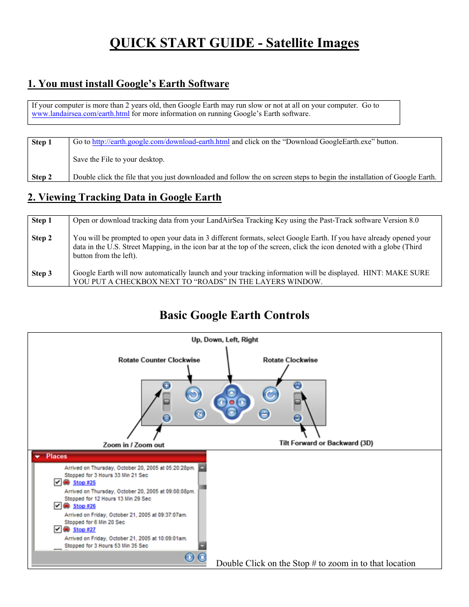 Quick start guide - satellite images, Basic google earth controls, You must install google’s earth software | Viewing tracking data in google earth | LandAirSea GPS Tracking Key Pro Quick Start Guide User Manual | Page 6 / 6